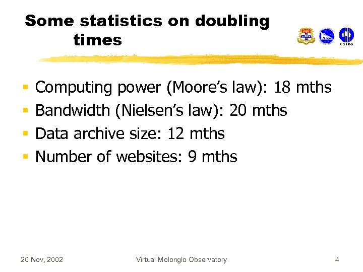 Some statistics on doubling times § § Computing power (Moore’s law): 18 mths Bandwidth