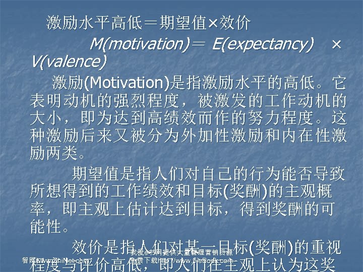  激励水平高低＝期望值×效价 M(motivation)＝ E(expectancy) V(valence) × 激励(Motivation)是指激励水平的高低。它 表明动机的强烈程度，被激发的 作动机的 大小，即为达到高绩效而作的努力程度。这 种激励后来又被分为外加性激励和内在性激 励两类。 期望值是指人们对自己的行为能否导致 所想得到的
