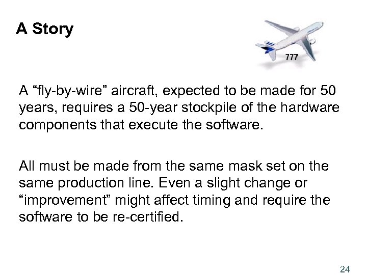 A Story A “fly-by-wire” aircraft, expected to be made for 50 years, requires a