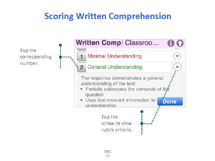 Scoring Written Comprehension Tap the corresponding number. Tap the arrow to view rubric criteria.