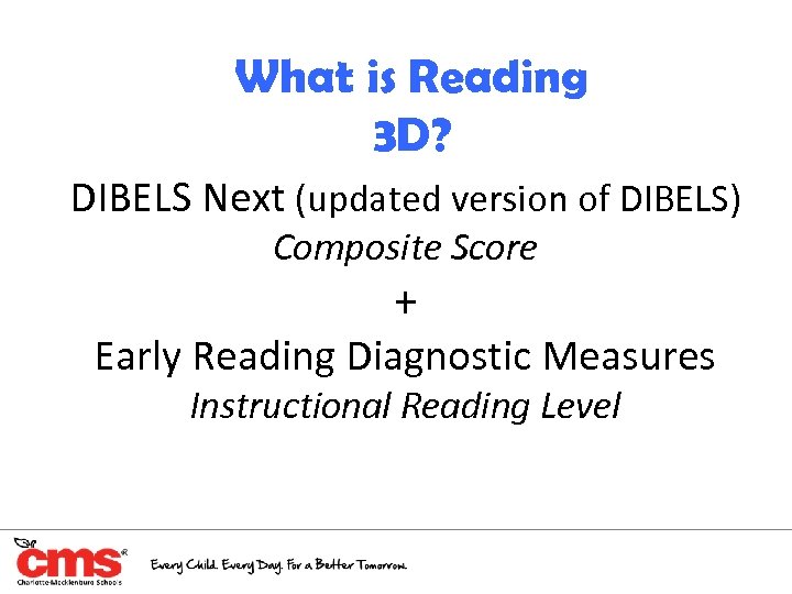 What is Reading 3 D? DIBELS Next (updated version of DIBELS) Composite Score +