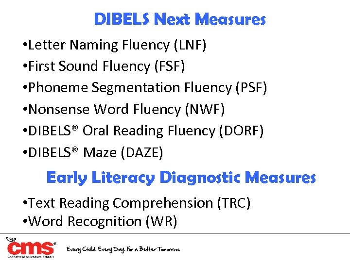 DIBELS Next Measures • Letter Naming Fluency (LNF) • First Sound Fluency (FSF) •