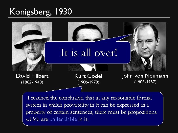 Königsberg, 1930 It is all over! David Hilbert Kurt Gödel (1862 -1943) (1906 -1978)