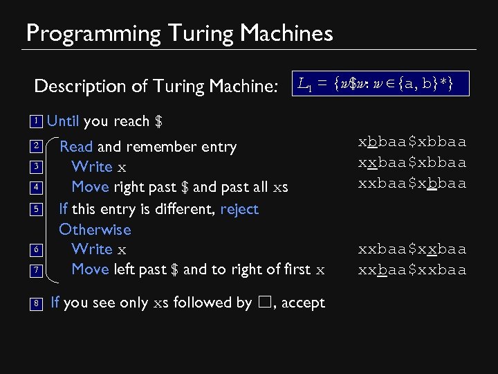 Programming Turing Machines Description of Turing Machine: L 1 = {w$w: w ∈{a, b}*}