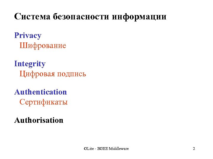 Система безопасности информации Privacy Шифрование Integrity Цифровая подпись Authentication Сертификаты Authorisation GLite - EGEE