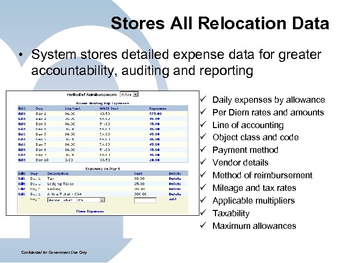 Stores All Relocation Data • System stores detailed expense data for greater accountability, auditing