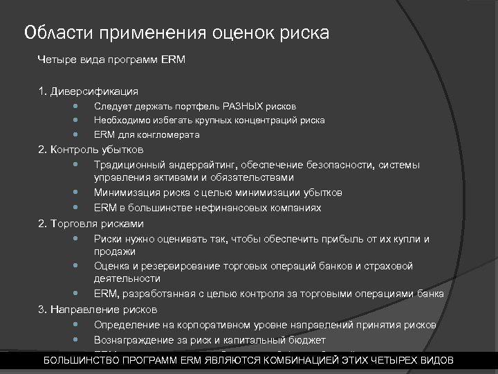 Области применения оценок риска Четыре вида программ ERM 1. Диверсификация Следует держать портфель РАЗНЫХ