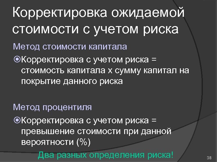 Корректировка ожидаемой стоимости с учетом риска Метод стоимости капитала Корректировка с учетом риска =