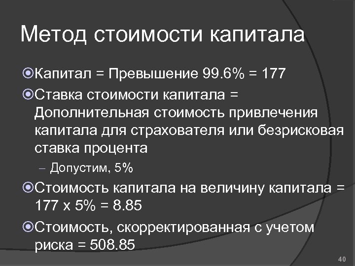 Метод стоимости капитала Капитал = Превышение 99. 6% = 177 Ставка стоимости капитала =