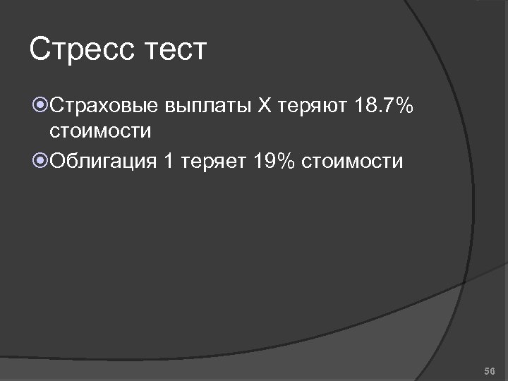 Стресс тест Страховые выплаты X теряют 18. 7% стоимости Облигация 1 теряет 19% стоимости