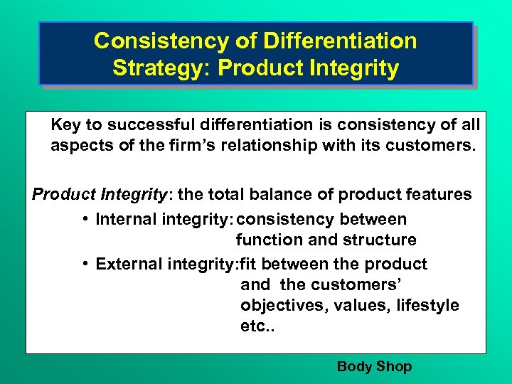 Consistency of Differentiation Strategy: Product Integrity Key to successful differentiation is consistency of all