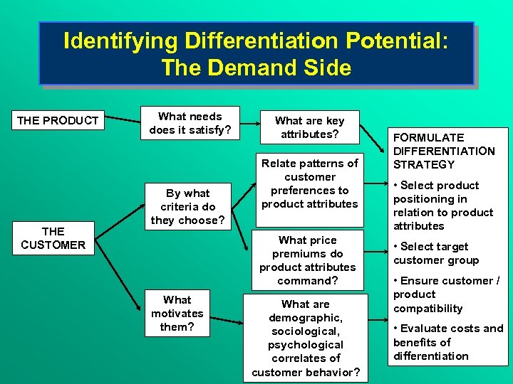 Identifying Differentiation Potential: The Demand Side THE PRODUCT THE CUSTOMER What needs does it