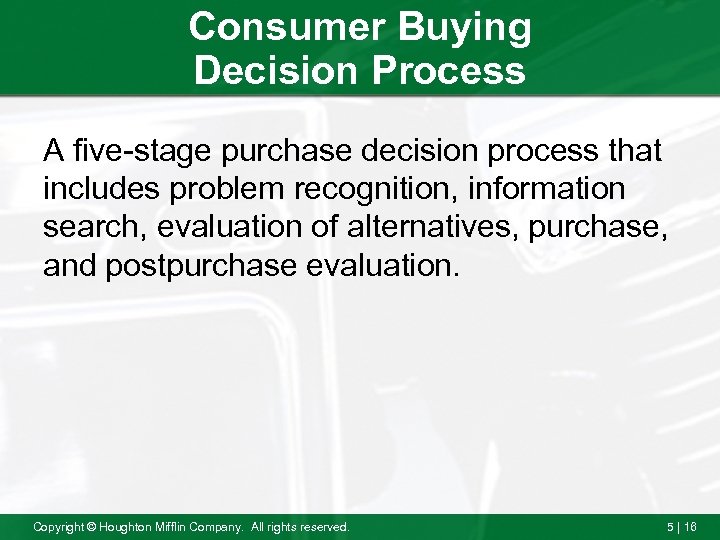 Consumer Buying Decision Process A five-stage purchase decision process that includes problem recognition, information