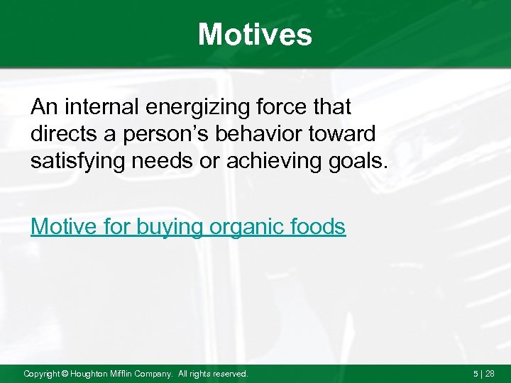Motives An internal energizing force that directs a person’s behavior toward satisfying needs or
