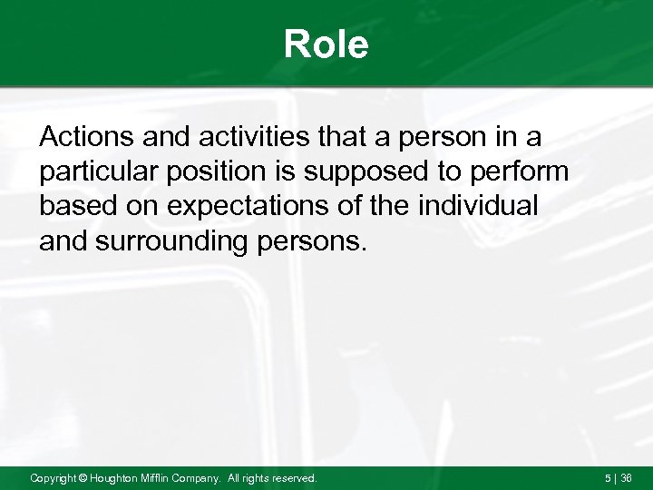 Role Actions and activities that a person in a particular position is supposed to