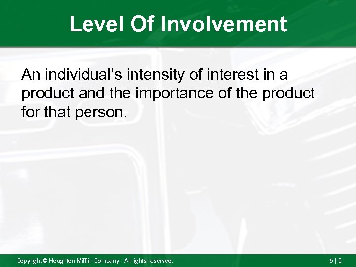 Level Of Involvement An individual’s intensity of interest in a product and the importance