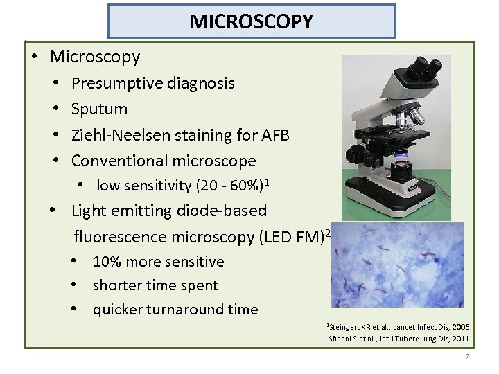 MICROSCOPY • Microscopy • • Presumptive diagnosis Sputum Ziehl-Neelsen staining for AFB Conventional microscope