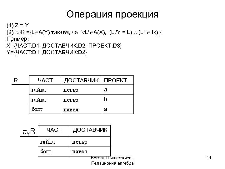 Операция проекция (1) Z = Y (2) YR ={L A(Y) такава, че L' A(X),