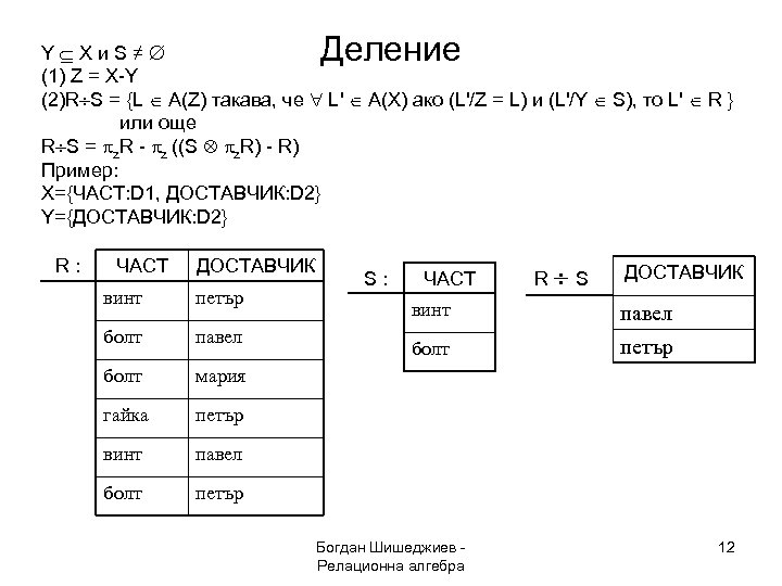 Деление Y X и S ≠ (1) Z = X-Y (2)R S = {L