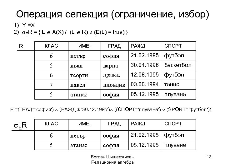 Операция селекция (ограничение, избор) 1) Y =X 2) ER = { L A(X) /