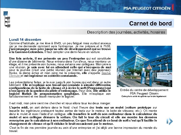 Carnet de bord Description des journées, activités, horaires Lundi 14 décembre Comme d’habitude, je