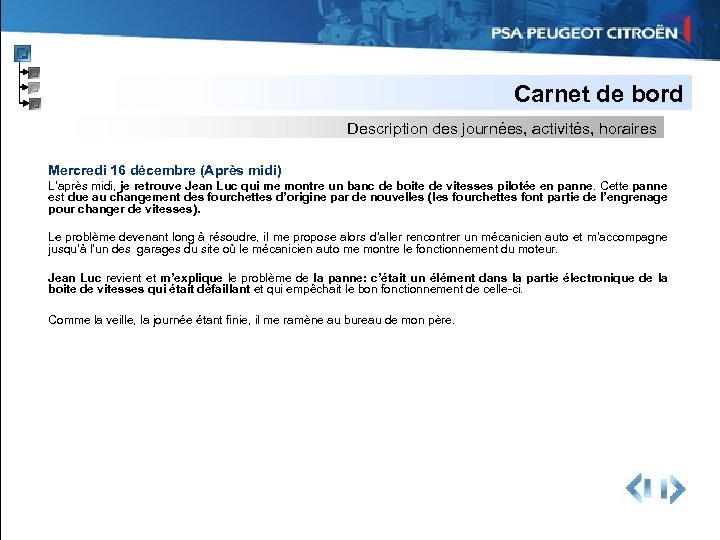 Carnet de bord Description des journées, activités, horaires Mercredi 16 décembre (Après midi) L’après