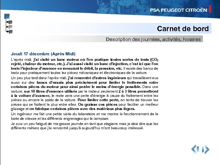 Carnet de bord Description des journées, activités, horaires Jeudi 17 décembre (Après Midi) L’après