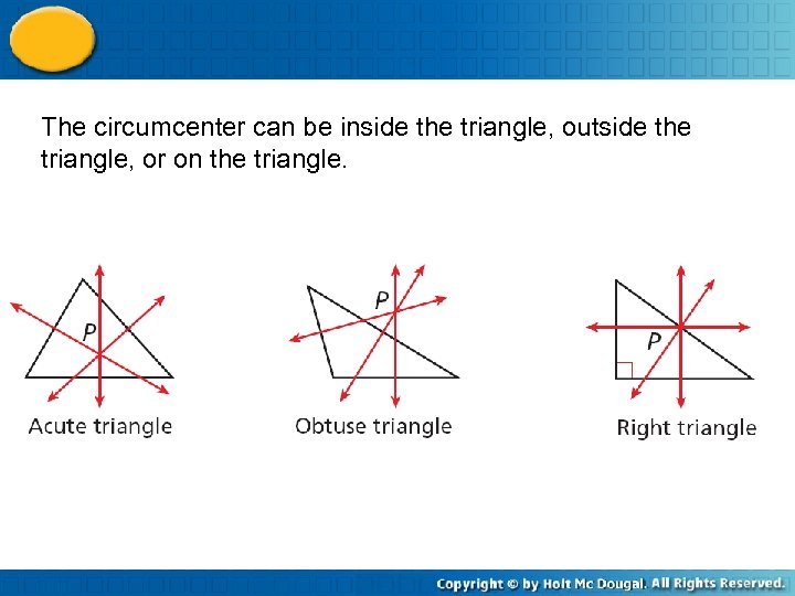 The circumcenter can be inside the triangle, outside the triangle, or on the triangle.