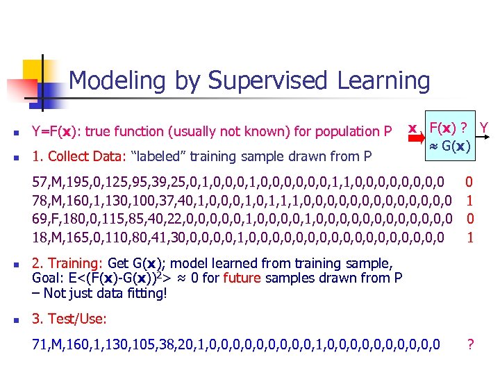 Modeling by Supervised Learning n Y=F(x): true function (usually not known) for population P