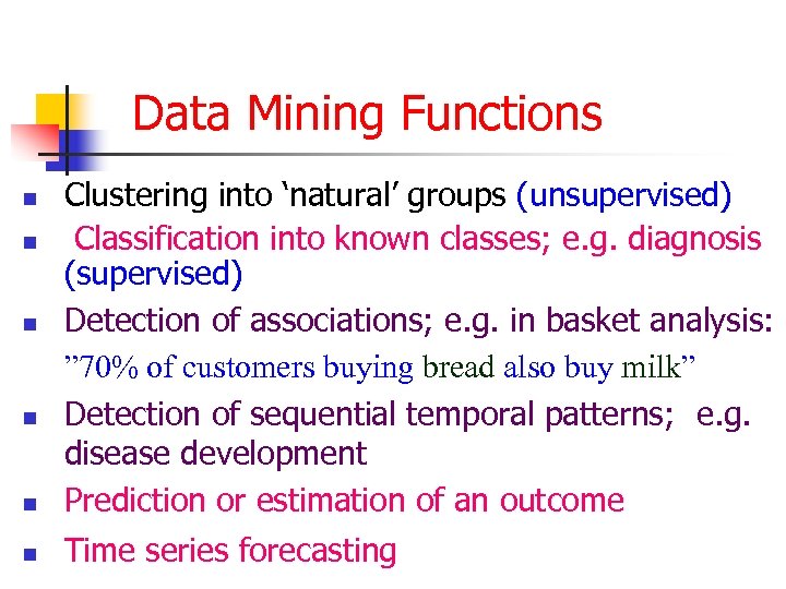 Data Mining Functions Clustering into ‘natural’ groups (unsupervised) n Classification into known classes; e.