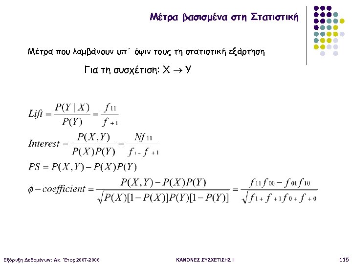 Μέτρα βασισμένα στη Στατιστική Μέτρα που λαμβάνουν υπ΄ όψιν τους τη στατιστική εξάρτηση Για