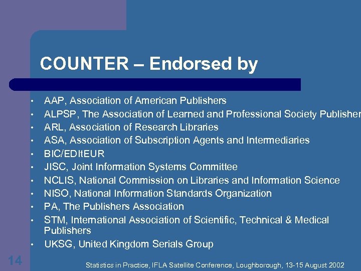 COUNTER – Endorsed by • • • 14 AAP, Association of American Publishers ALPSP,