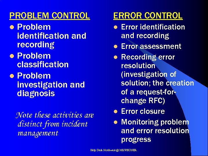 PROBLEM CONTROL l Problem identification and recording l Problem classification l Problem investigation and