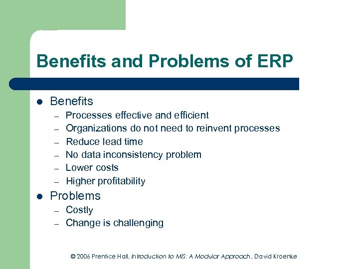 Benefits and Problems of ERP l Benefits – – – l Processes effective and