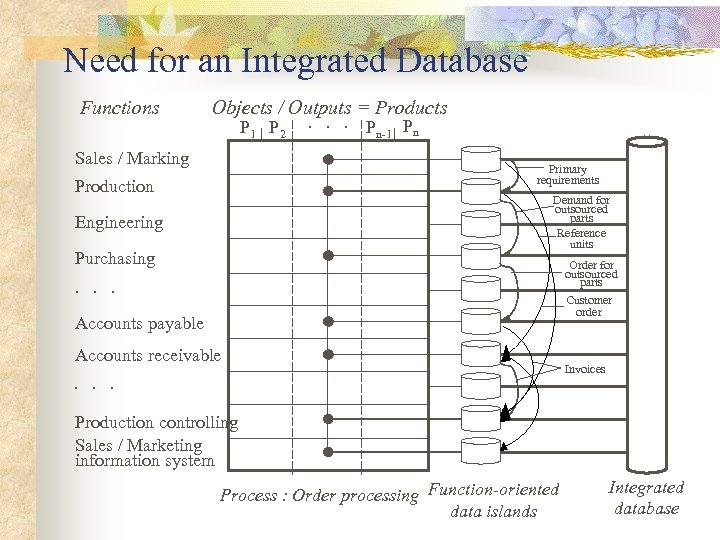Need for an Integrated Database Functions Objects / Outputs = Products P 1 P