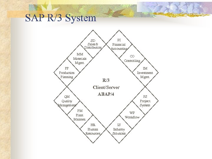 SAP R/3 System SD Sales& Distribution FI Financial Accounting MM Materials Mgmt. PP Production