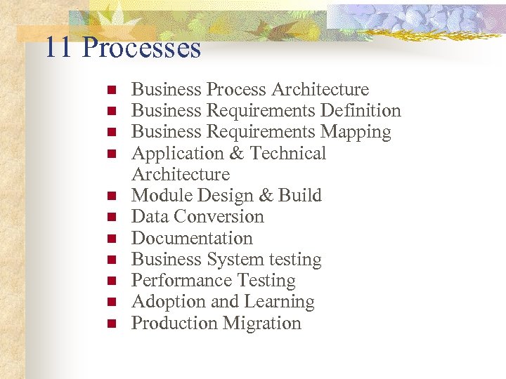11 Processes n n n Business Process Architecture Business Requirements Definition Business Requirements Mapping
