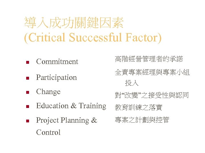導入成功關鍵因素 (Critical Successful Factor) n Commitment 高階經營管理者的承諾 全責專案經理與專案小組 n Participation n Change 對“改變”之接受性與認同 n