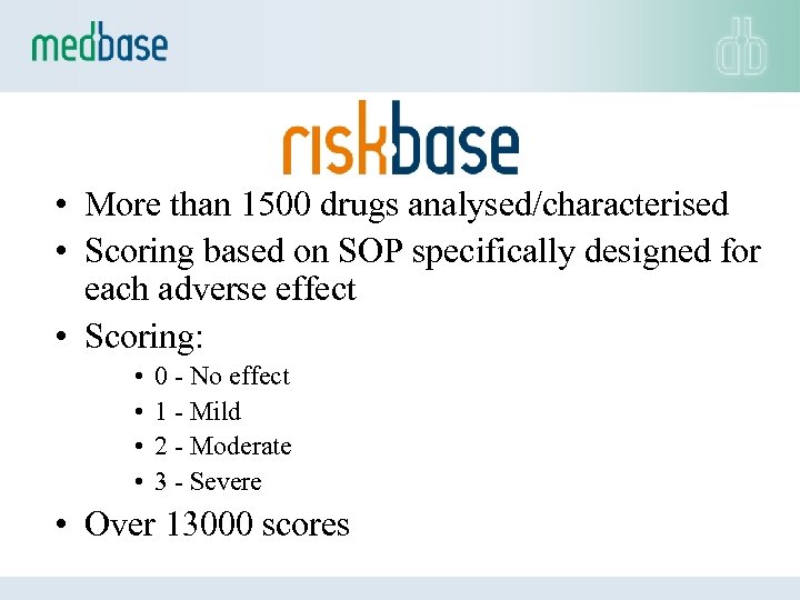  • More than 1500 drugs analysed/characterised • Scoring based on SOP specifically designed