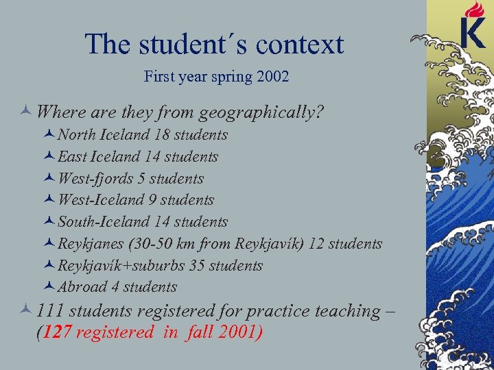 The student´s context First year spring 2002 © Where are they from geographically? ©North