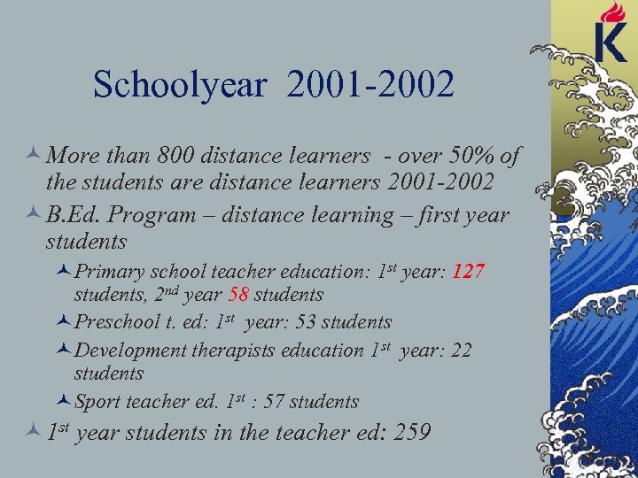 Schoolyear 2001 -2002 © More than 800 distance learners - over 50% of the
