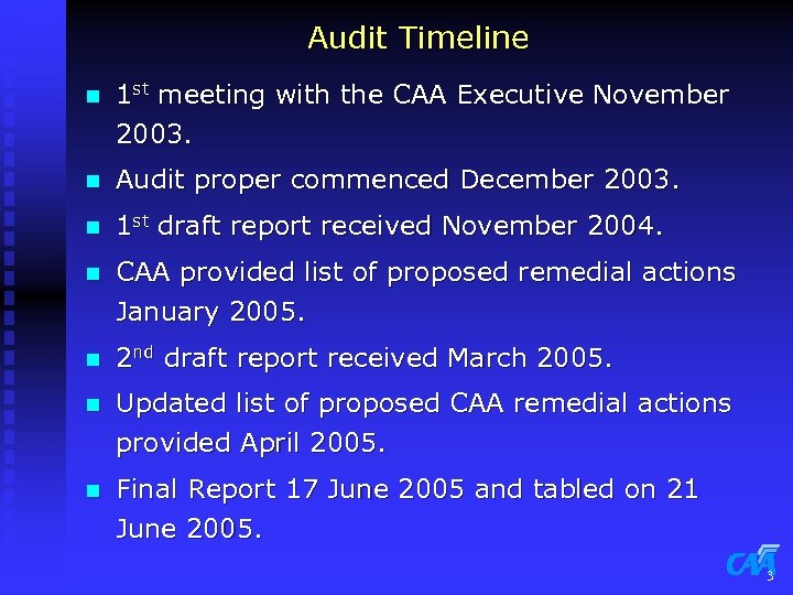 Audit Timeline n 1 st meeting with the CAA Executive November 2003. n Audit