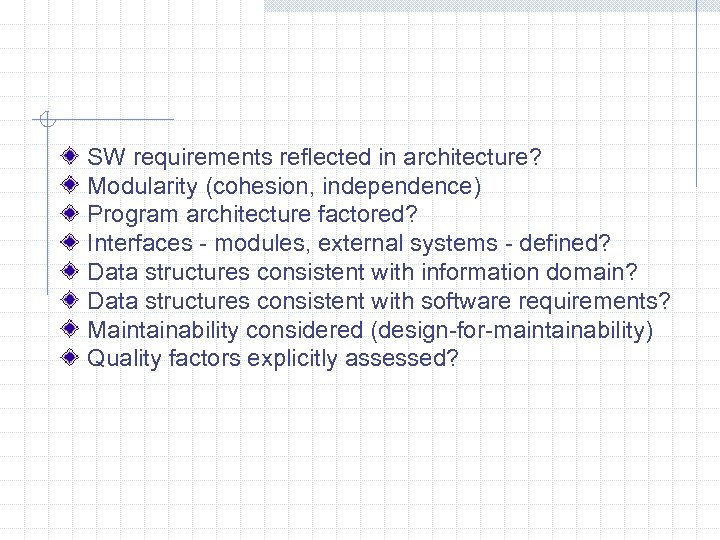 SW requirements reflected in architecture? Modularity (cohesion, independence) Program architecture factored? Interfaces - modules,