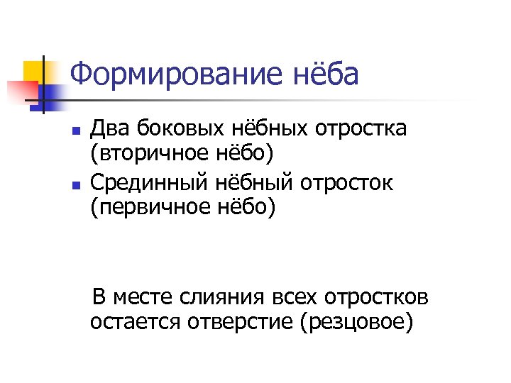 Формирование нёба n n Два боковых нёбных отростка (вторичное нёбо) Срединный нёбный отросток (первичное