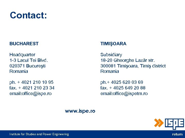 Contact: BUCHAREST TIMIŞOARA Headquarter 1 -3 Lacul Tei Blvd. 020371 Bucureşti Romania Subsidiary 18