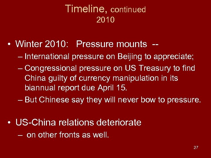 Timeline, continued 2010 • Winter 2010: Pressure mounts -– International pressure on Beijing to