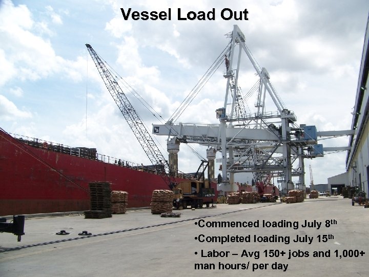 Vessel Load Out • Commenced loading July 8 th • Completed loading July 15