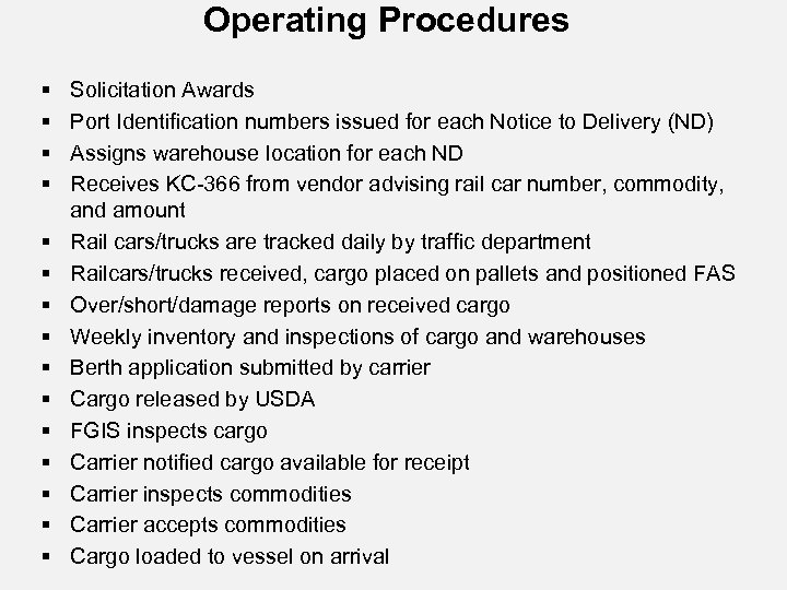 Operating Procedures § § § § Solicitation Awards Port Identification numbers issued for each