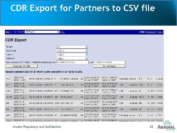 CDR Export for Partners to CSV file Aradial Proprietary and Confidential 42 