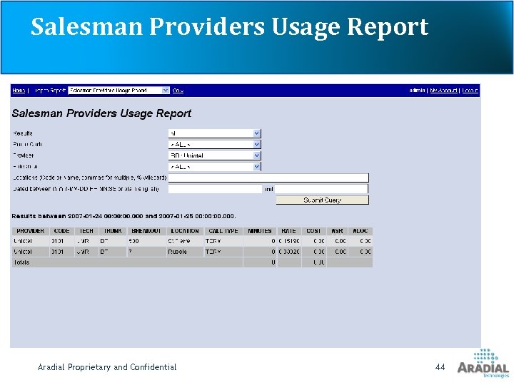 Salesman Providers Usage Report Aradial Proprietary and Confidential 44 